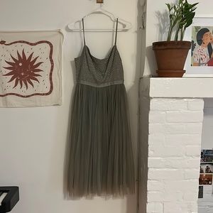 BHLDN Needle & Thread Sage Green Beaded & Ruffled Dress